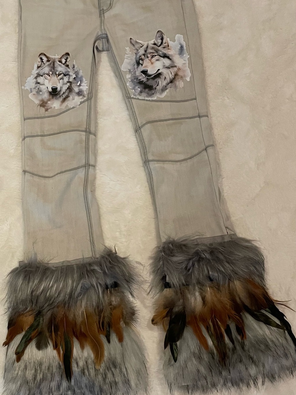 Womens Cream Embroidered Wolf Flare Pants with Faux Fur and feather trim